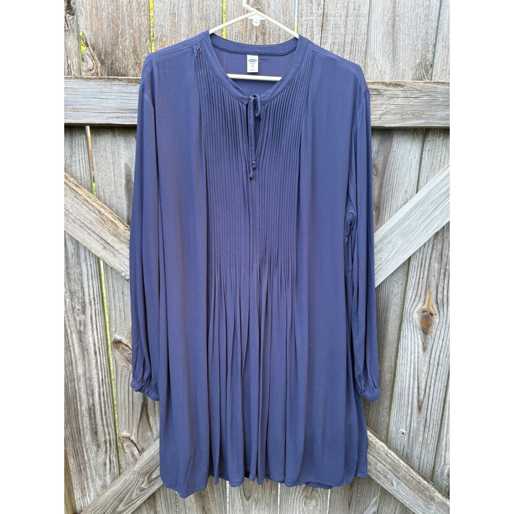 Old Navy Womens XXL Navy Blue Pintuck Pleated Long Sleeve Mini Dress‎ Tie Neck